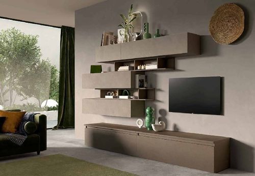 Parete attrezzata Alviano, Composizione soggiorno, Mobile salotto multiuso, Armadio porta TV, Made in Italy, 276x40 h190 cm, Bronzo e Grigio