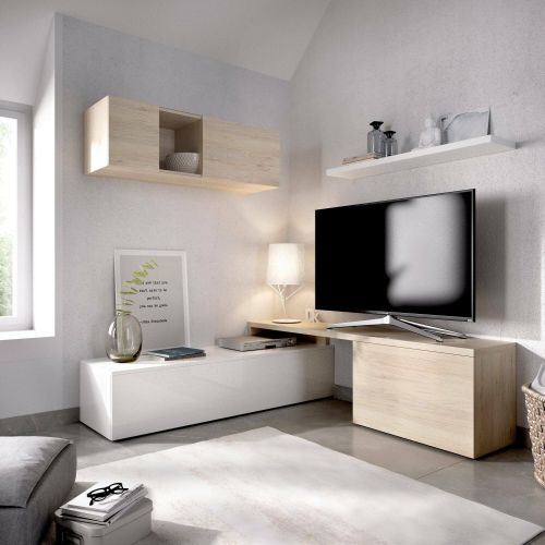 Parete attrezzata Baker, Set da soggiorno modulare ad angolo, Mobile salotto porta TV multiposizione, 201x41h180 cm, Bianco lucido e Rovere