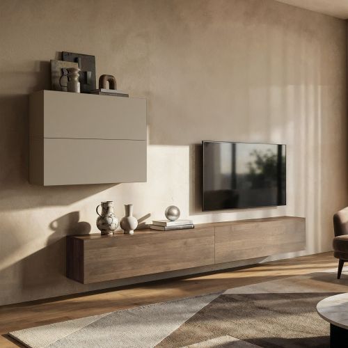 Parete Attrezzata Beige Marrone Noce 4 Ripiani Modulabile, Apertura Battente - Suisio