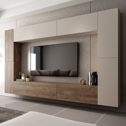 Parete Attrezzata Beige Marrone Noce 8 Ripiani Modulabile, Apertura Battente - Hadara