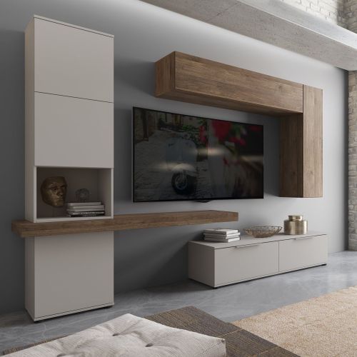 Parete Attrezzata Beige Marrone Noce Modulabile 2 Cassetti, 9 Ripiani - Riccia