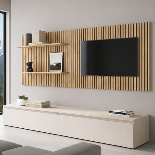Parete Attrezzata Beige Marrone Rovere Modulabile Apertura Standard, set Componibile Made in Italy - Pollina
