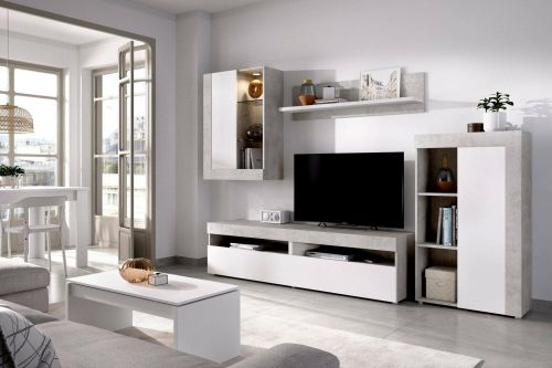 Parete attrezzata Beverin, Set da soggiorno componibile, Mobile salotto multiposizione, 265x42h180 cm, Bianco e Cemento