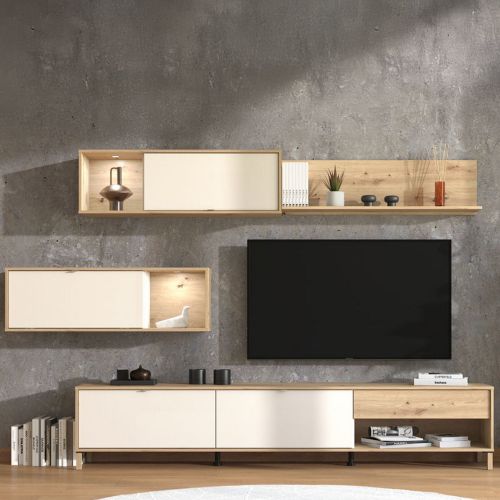 Parete Attrezzata Bianco Crema Marrone Rovere Nodi 5 Ripiani un Cassetto 234x40x178h cm, Modulabile - Alunzio