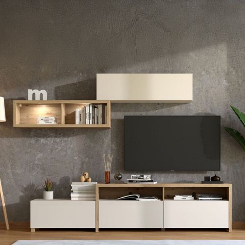 Parete Attrezzata Bianco Crema Marrone Rovere Nodi 6 Ripiani Modulabile 237.5x41.5x160.5h cm, 9 Vani - Tiana