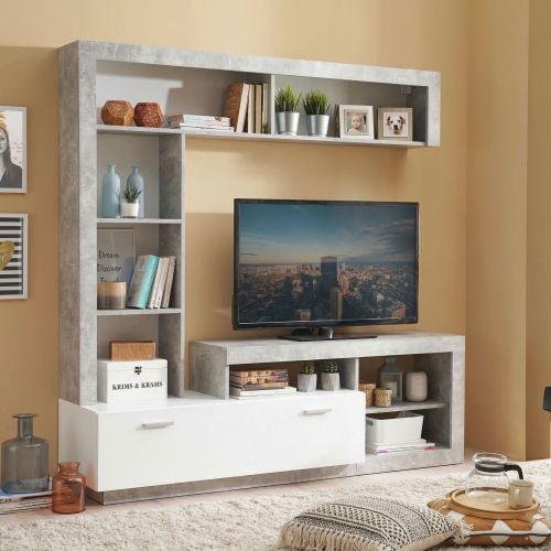 Parete Attrezzata Bianco Grigio Cemento 7 Ripiani 10 Vani 170.5x41.5x170.5h cm, Un'anta - Moggio