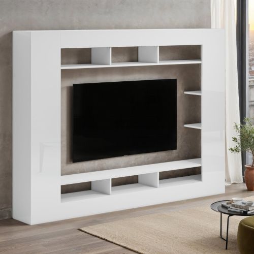 Parete Attrezzata Bianco Lucido 7 Ripiani Cassetti 216x30.4x158.6h cm, - Sadali