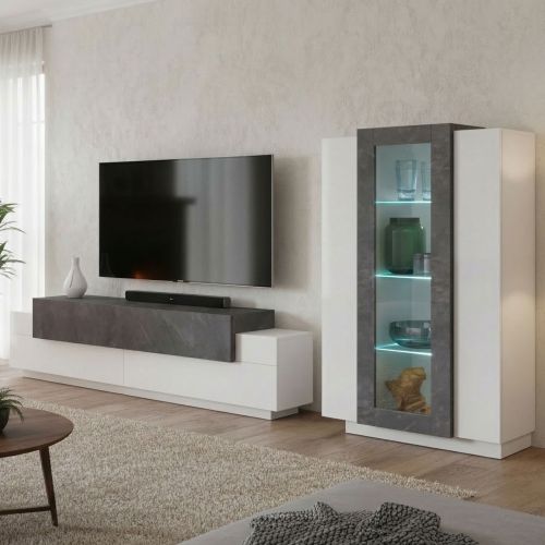 Parete Attrezzata Bianco Lucido Grigio Ardesia Modulabile 7 Ripiani, 14 Vani Made in Italy - Maja