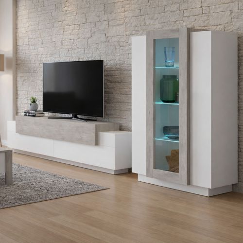 Parete Attrezzata Bianco Lucido Grigio Cemento Modulabile 7 Ripiani, 14 Vani Made in Italy - Maja