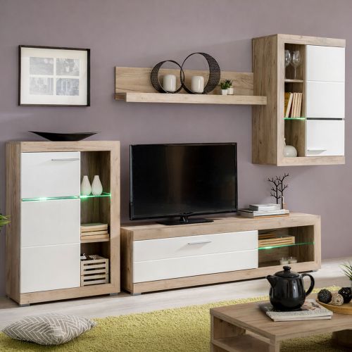 Parete Attrezzata Bianco Marrone Rovere Grigio 10 Ripiani 3 Ante 266.5x41.5x186h cm, Ripiani in Vetro - Dongo