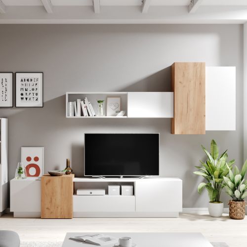 Parete Attrezzata Bianco Marrone Rovere Modulabile 8 Ripiani, 13 Vani - Kamolofa