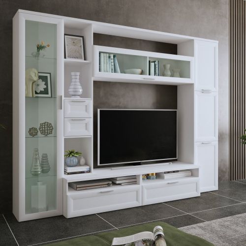 Parete Attrezzata Bianco Modulabile 4 Cassetti, 8 Ripiani - Carenno