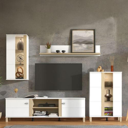 Parete Attrezzata Bianco Opaco Marrone Rovere Modulabile 7 Ripiani 260x40x183h cm, 10 Vani - Albese