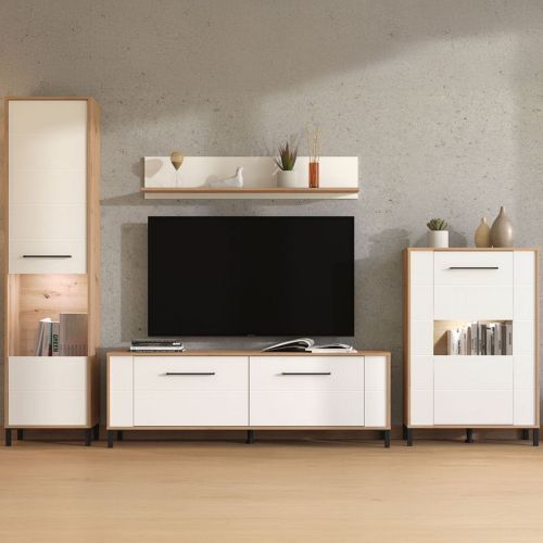 Parete Attrezzata Bianco Opaco Marrone Rovere Nodi Modulabile 8 Ripiani 299x40x192.5h cm, 10 Vani - Cimbergo