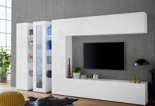 Parete attrezzata Bruno, Set salotto porta TV a 3 ante, Mobile soggiorno multiuso con luce LED, 100% Made in Italy, cm 340x30h180, Bianco lucido