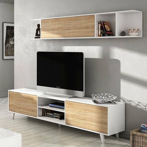 Parete attrezzata Buffalo, Mobile da soggiorno porta TV, Composizione per salotto con pensile, 180x41h51 cm, Bianco e Rovere