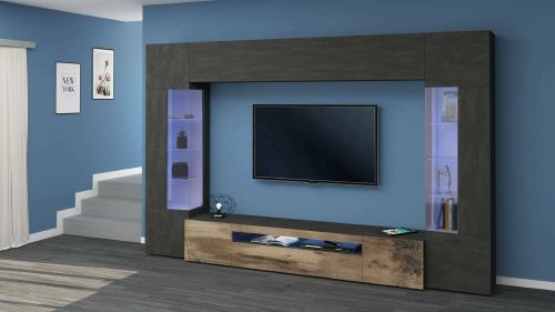 Parete attrezzata Clementino, Set salotto porta TV a 6 ante, Mobile soggiorno multiuso con luce LED, 100% Made in Italy, cm 290x40h191, Antracite e Acero