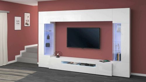 Parete attrezzata Clementino, Set salotto porta TV a 6 ante, Mobile soggiorno multiuso con luce LED, 100% Made in Italy, cm 290x40h191, Bianco lucido