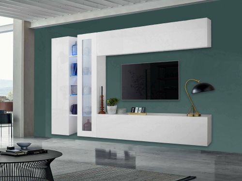 Parete attrezzata Costante, Set salotto porta TV a 4 ante, Mobile soggiorno multiuso, 100% Made in Italy, cm 280x30x180, Bianco lucido