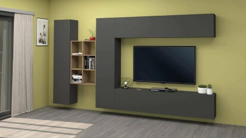 Parete attrezzata Danilo, Set salotto porta TV a 4 ante, Mobile soggiorno multiuso, 100% Made in Italy, cm 280x30h180, Antracite e Acero