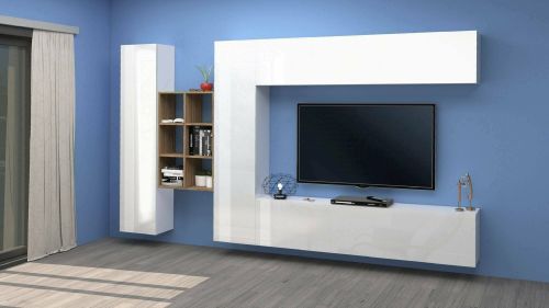 Parete attrezzata Danilo, Set salotto porta TV a 4 ante, Mobile soggiorno multiuso, 100% Made in Italy, cm 280x30h180, Bianco lucido e Acero