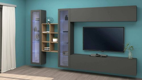 Parete attrezzata Demetrio, Set salotto porta TV a 4 ante, Mobile soggiorno multiuso, 100% Made in Italy, cm 280x30h180, Antracite e Acero
