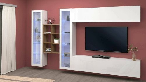 Parete attrezzata Demetrio, Set salotto porta TV a 4 ante, Mobile soggiorno multiuso, 100% Made in Italy, cm 280x30h180, Bianco lucido e Acero