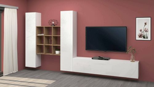 Parete attrezzata Denis, Set salotto porta TV a 3 ante, Mobile soggiorno multiuso, 100% Made in Italy, cm 270x30h180, Bianco lucido e Acero