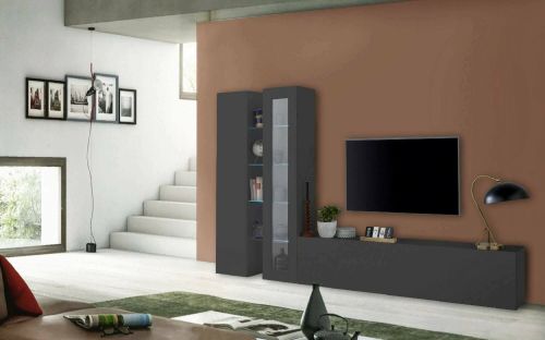 Parete attrezzata Dimitri, Set salotto porta TV a 3 ante, Mobile soggiorno multiuso con vetrina e luce LED, 100% Made in Italy, cm 280x30h180, Antracite