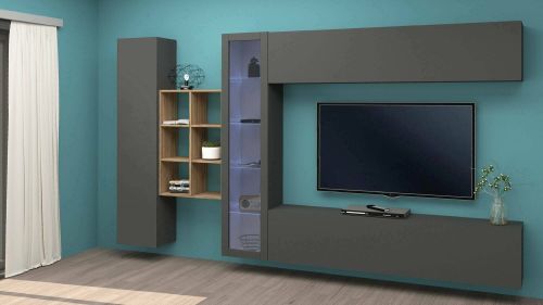 Parete attrezzata Dino, Set salotto porta TV a 4 ante, Mobile soggiorno multiuso con vetrina e luce LED, 100% Made in Italy, cm 280x30h180, Antracite e Acero