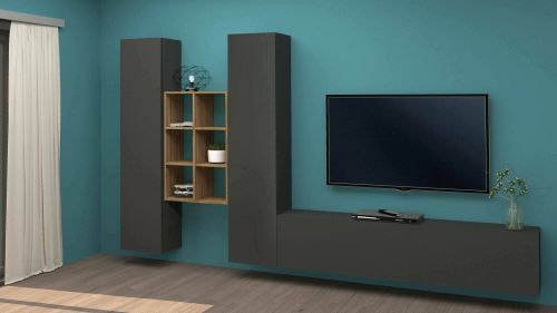 Parete attrezzata Emiliano, Set salotto porta TV a 3 ante, Mobile soggiorno multiuso, 100% Made in Italy, cm 320x30h180, Antracite e Acero