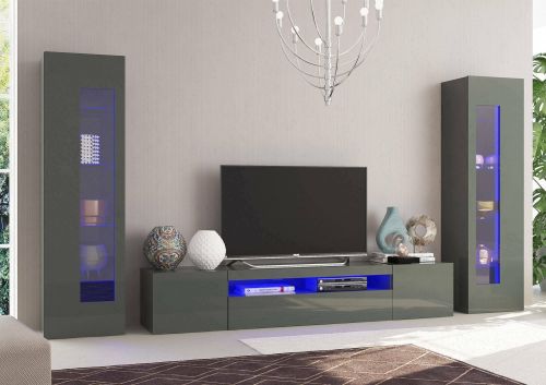 Parete attrezzata Enzo, Set salotto porta TV, Mobile soggiorno multiuso con luce LED, 100% Made in Italy, cm 290x40h162, Antracite lucido