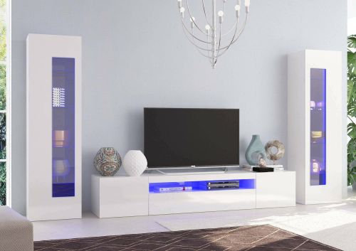 Parete attrezzata Enzo, Set salotto porta TV, Mobile soggiorno multiuso con luce LED, 100% Made in Italy, cm 290x40h162, Bianco lucido