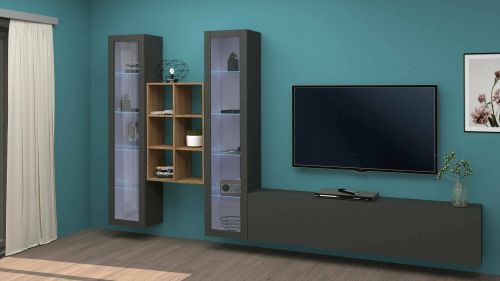 Parete attrezzata Eros, Set salotto porta TV a 3 ante, Mobile soggiorno multiuso con vetrina e luce LED, 100% Made in Italy, cm 320x30h180, Antracite