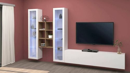 Parete attrezzata Eros, Set salotto porta TV a 3 ante, Mobile soggiorno multiuso con vetrina e luce LED, 100% Made in Italy, cm 320x30h180, Bianco lucido