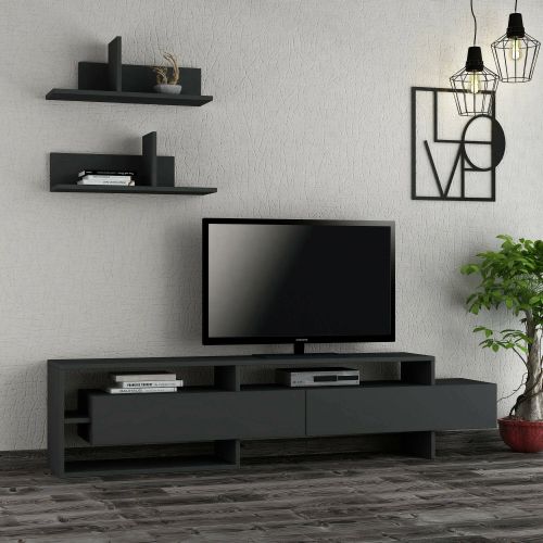 Parete attrezzata Eudora, Composizione soggiorno, Mobile salotto multiuso, Armadio porta TV, 180x32 h42 cm, Antracite