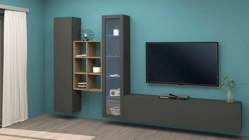 Parete attrezzata Eugenio, Set salotto porta TV a 3 ante, Mobile soggiorno multiuso con vetrina e luce LED, 100% Made in Italy, cm 320x30h180, Antracite