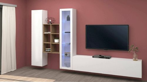 Parete attrezzata Eugenio, Set salotto porta TV a 3 ante, Mobile soggiorno multiuso con vetrina e luce LED, 100% Made in Italy, cm 320x30h180, Bianco lucido