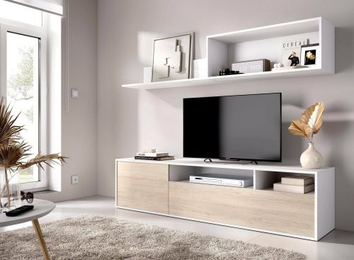 Parete attrezzata Gabberi, Composizione soggiorno, Mobile salotto multiuso, Armadio porta TV, 180x35 h44 cm, Bianco e Rovere