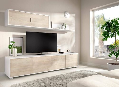Parete attrezzata Galliner, Composizione soggiorno, Mobile salotto multiuso, Armadio porta TV, 200x40 h43 cm, Bianco e Rovere