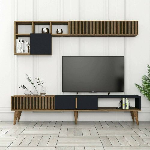 Parete attrezzata Gemini, Set da soggiorno modulabile, Mobile salotto multiuso, Armadio porta TV moderno, 180x35h40 cm, Noce e Antracite