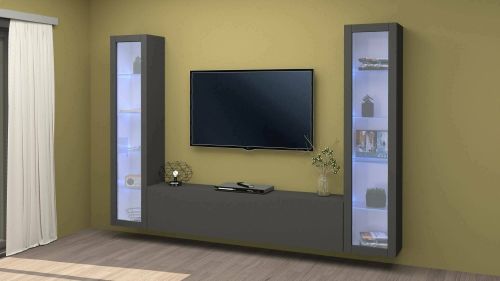 Parete attrezzata Gino, Set salotto porta TV a 3 ante, Mobile soggiorno multiuso con vetrina e luce LED, 100% Made in Italy, cm 260x30h180, Antracite