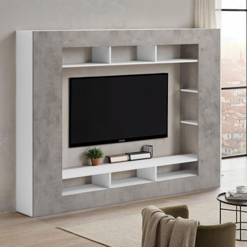 Parete Attrezzata Grigio Cemento Bianco 7 Ripiani Cassetti 216x30.4x158.6h cm, - Sadali
