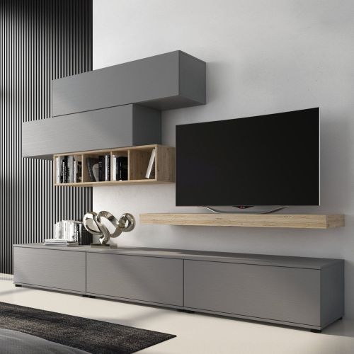 Parete Attrezzata Grigio Marrone Rovere Modulabile Apertura Battente, a Ribalta, 5 Ante - Mammola