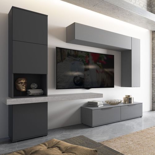 Parete Attrezzata Grigio Nero Antracite Modulabile 2 Cassetti, 9 Ripiani - Riccia