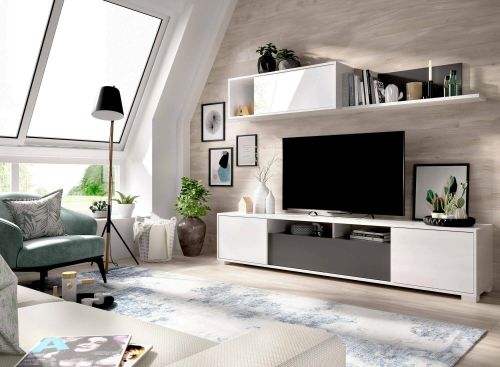 Parete attrezzata Gruf, Set da soggiorno porta TV, Mobile salotto multiuso, 200x41h180 cm, Bianco lucido e Antracite