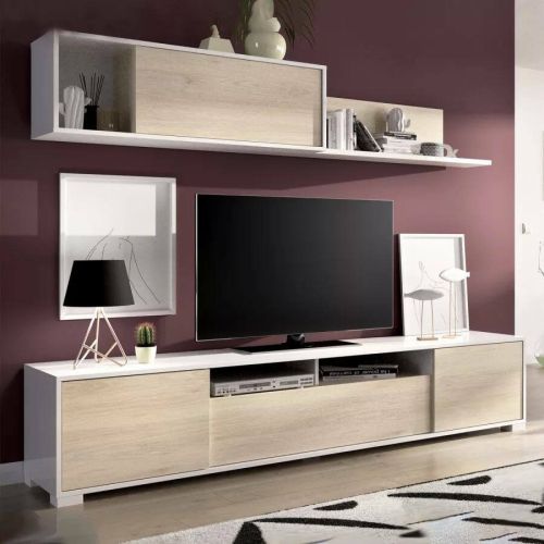 Parete attrezzata Gruf, Set da soggiorno porta TV, Mobile salotto multiuso, 200x41h180 cm, Rovere e Bianco lucido
