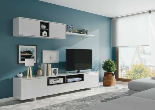 Parete attrezzata Hartford, Mobile da soggiorno porta TV, Composizione set salotto, Set salotto con pensile, 200x41h46 cm, Bianco lucido