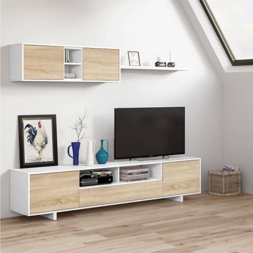 Parete attrezzata Hartford, Mobile da soggiorno porta TV, Composizione set salotto, Set salotto con pensile, 260x41h46 cm, Bianco lucido e Rovere