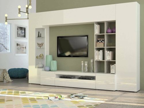 Parete attrezzata Iago, Set salotto porta TV, Mobile soggiorno multiuso, 100% Made in Italy, cm 290x40h192, Bianco lucido e Cemento